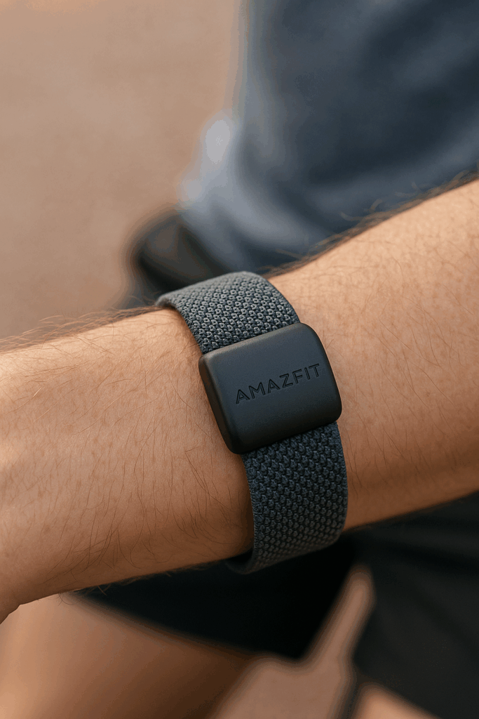 Amazfit Helio Strap in Action am Handgelenk beim Radfahren